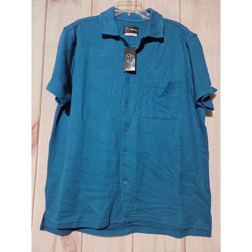 Original Use Mens Short Sleeve Button Down Shirt Teal Blue Textured Knit Large